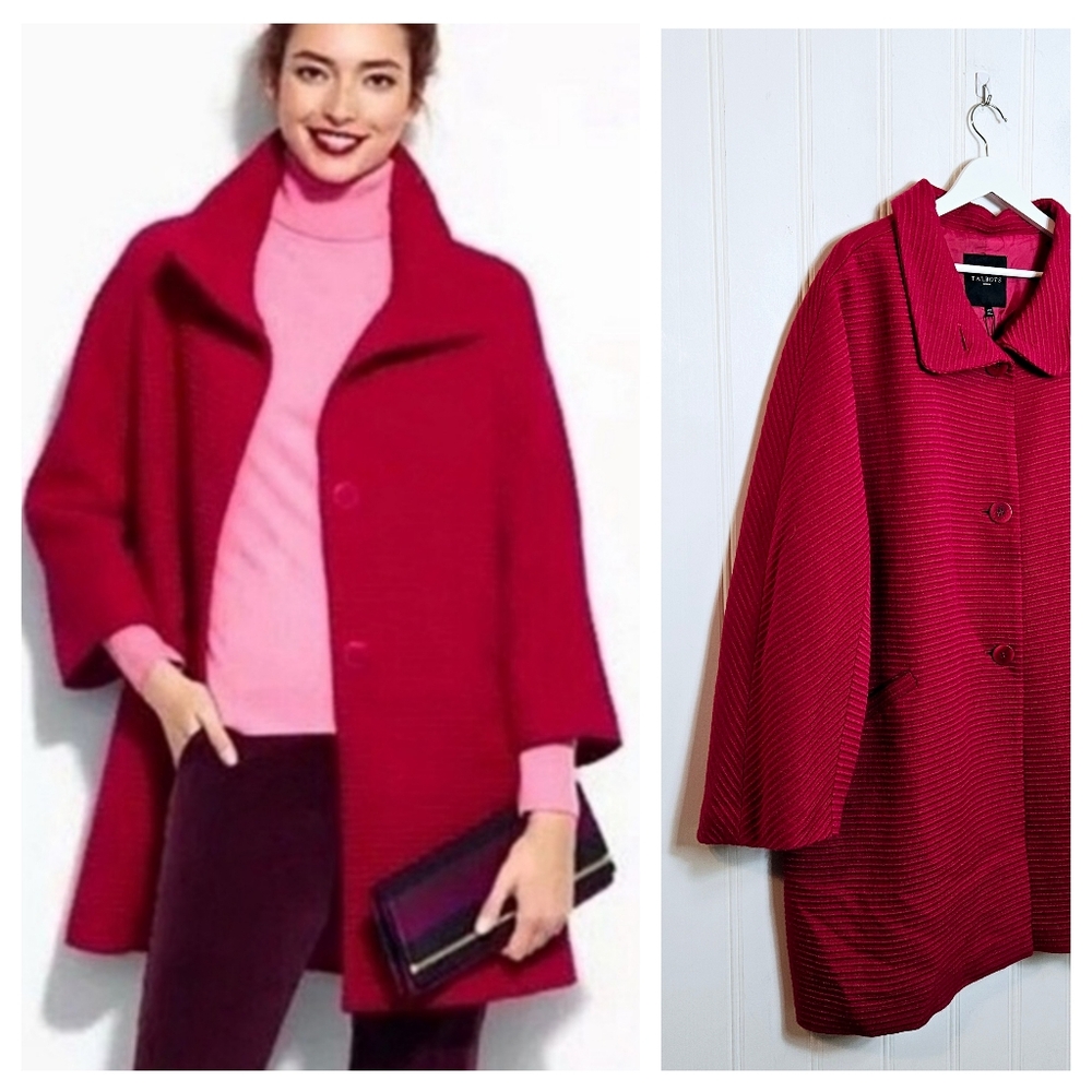 NWT Talbots Wool Coat 24W Ribbed Thinsulate Swing Car Coat Berry Pink Plus Sizes
